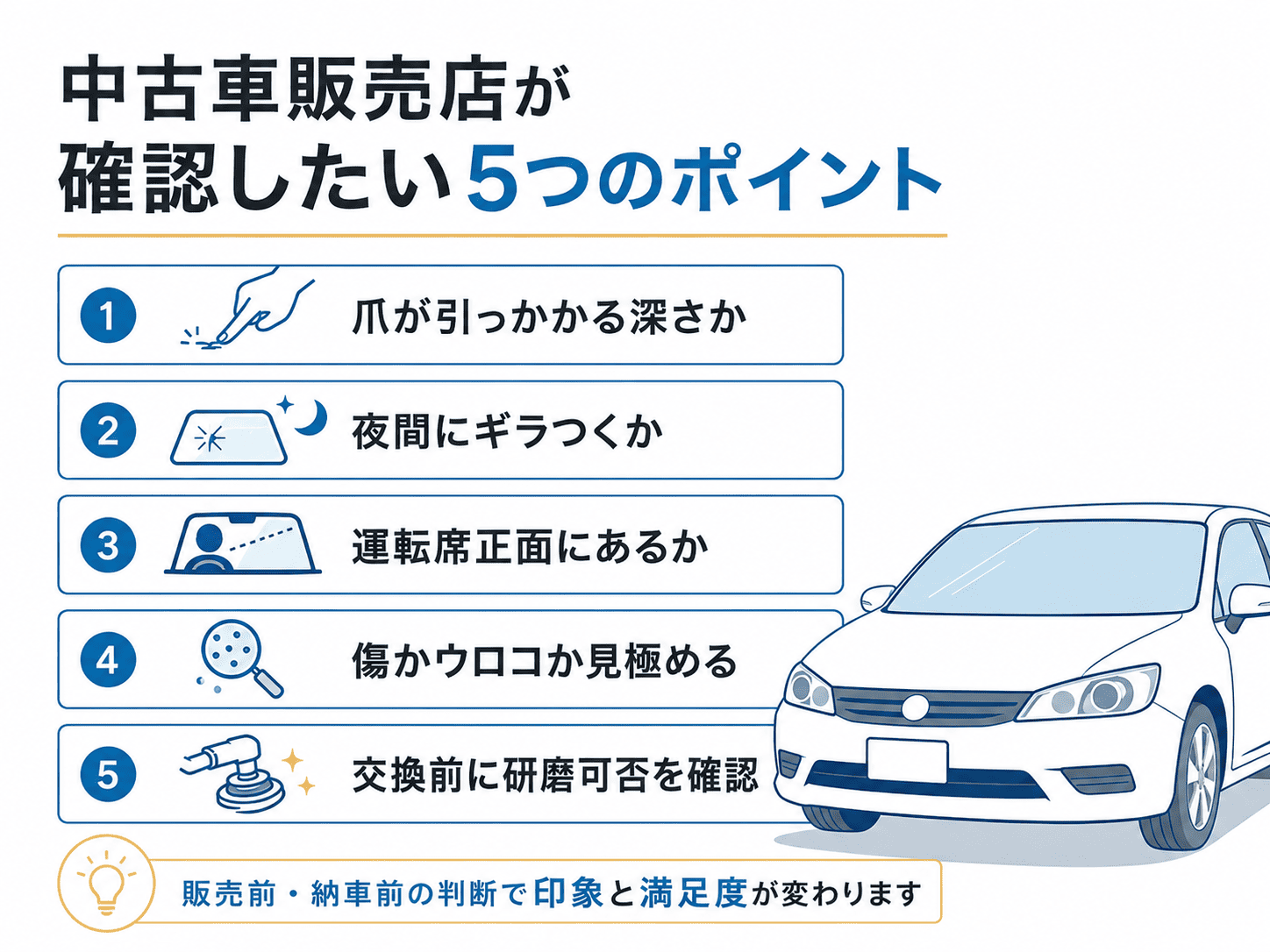 中古車販売店がフロントガラス傷を確認する際の5つのポイントをまとめたチェックリスト図