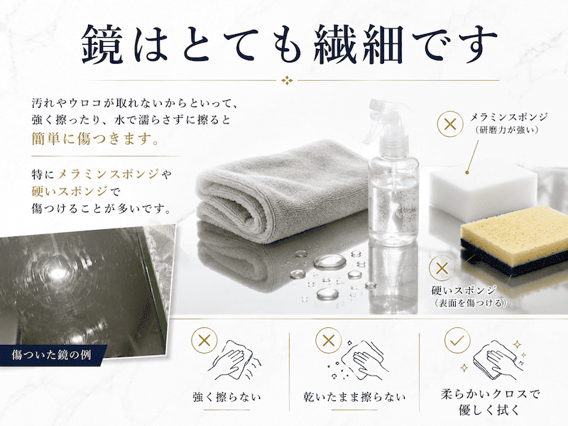 鏡はとても繊細です！汚れや鱗が取れないからといって、強く擦ったり、水で濡らさずに擦ると簡単に傷がつきます。