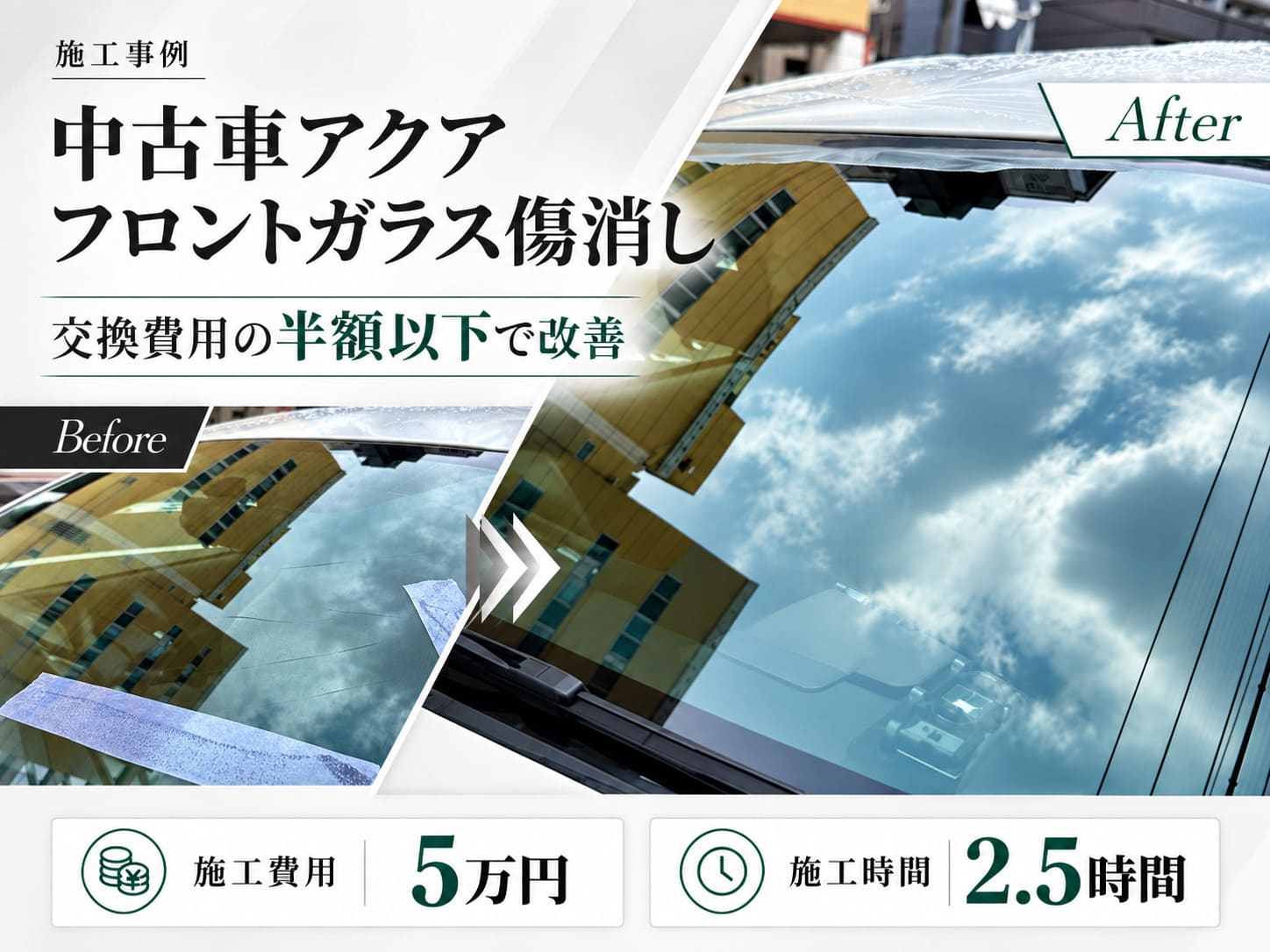 中古車アクアのフロントガラス傷消し研磨施工事例