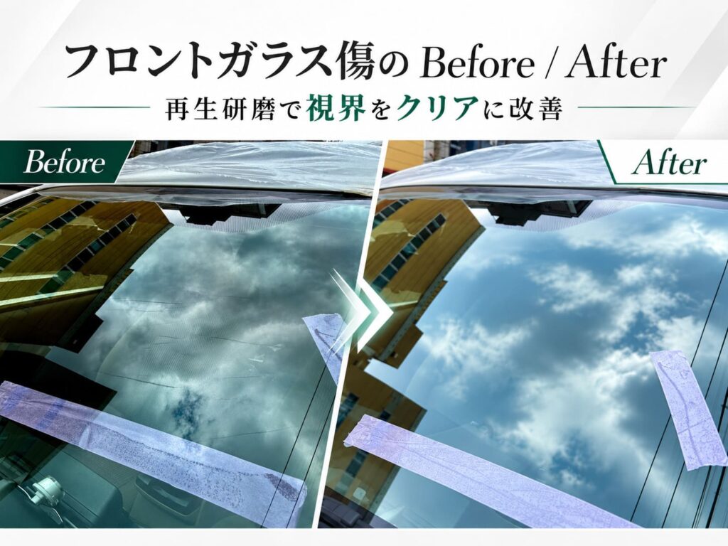 中古車アクアのフロントガラス傷を再生研磨した施工前後の比較