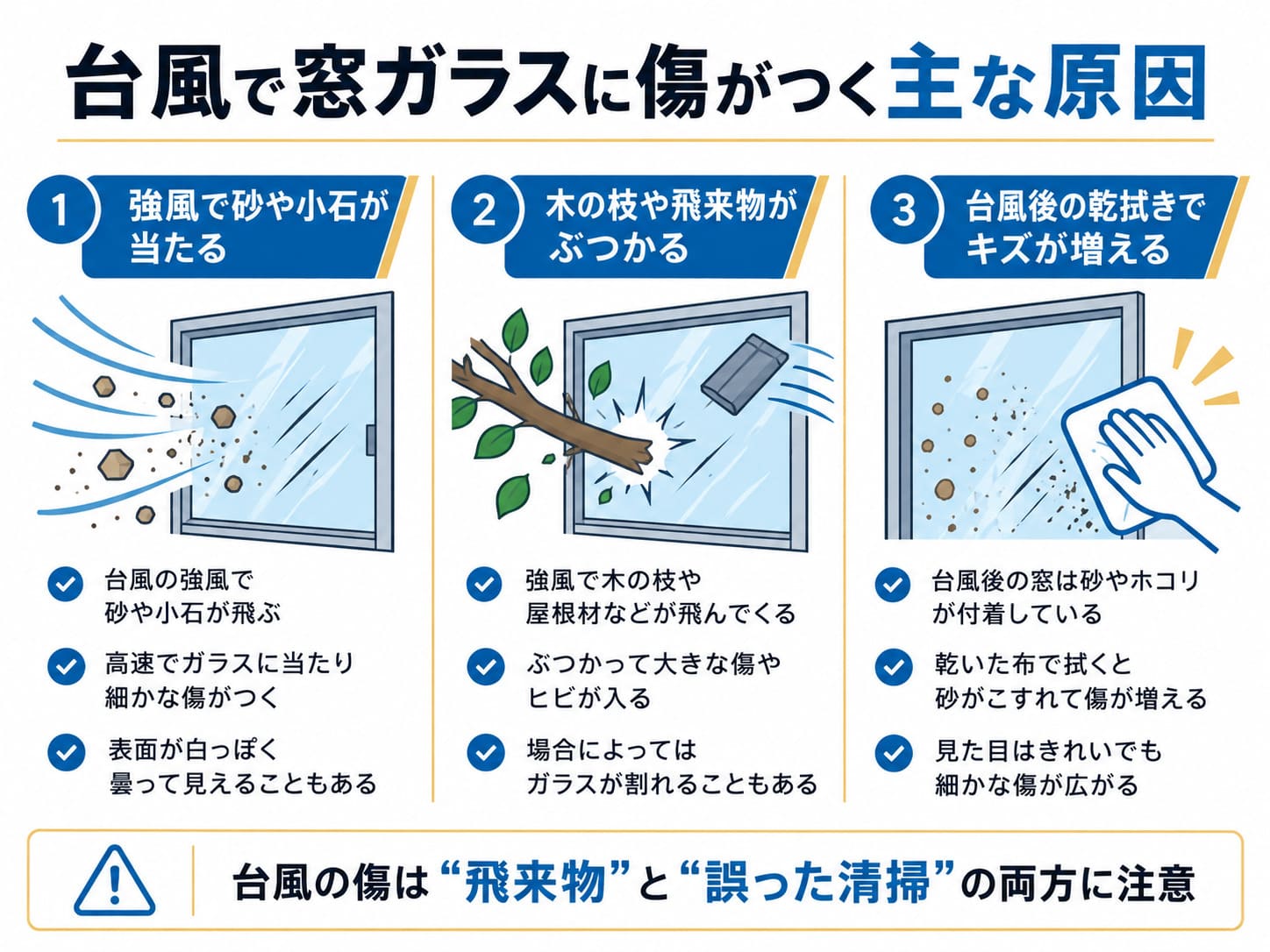 台風で窓ガラスに傷がつく主な原因を解説した図解。強風で砂や小石が当たる、木の枝や飛来物がぶつかる、台風後の乾拭きで傷が増える原因を紹介